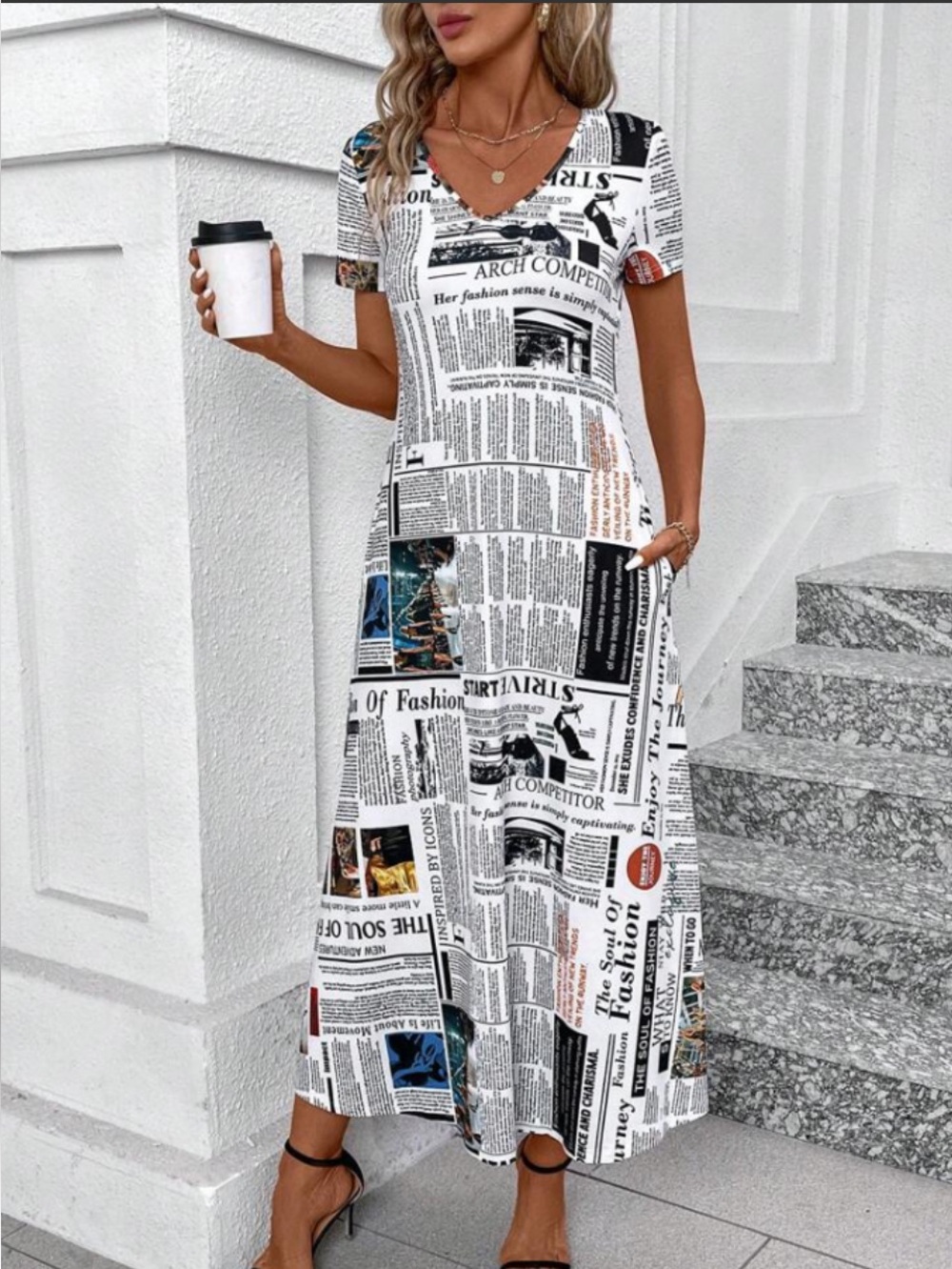 SHEIN Clasi monochrome newspaper print short-sleeve maxi dress